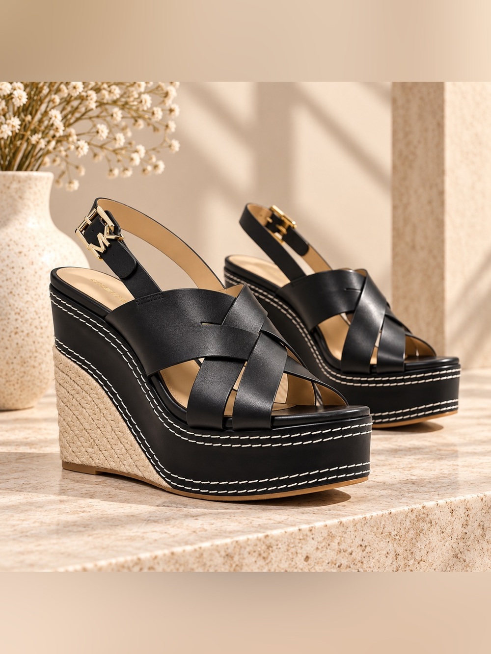 NEW Michael Kors Nora Leather Wedge Sandals – Black – Size 10M